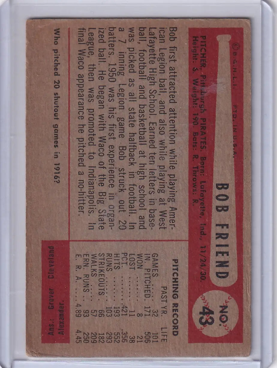 Vintage baseball card of 43A Bob Friend from the Pittsburgh Pirates 1954 Bowman series