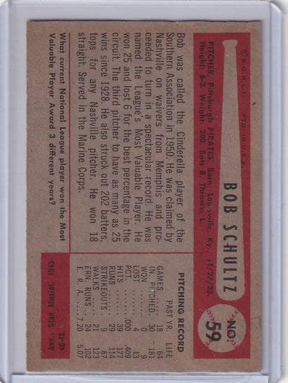 Vintage baseball card of Bob Schultz from 1954 Bowman Pittsburgh Pirates collection
