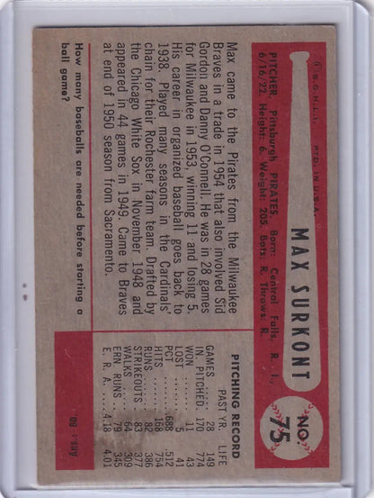 Vintage baseball card of Max Surkont from the Pittsburgh Pirates 1954 Bowman series