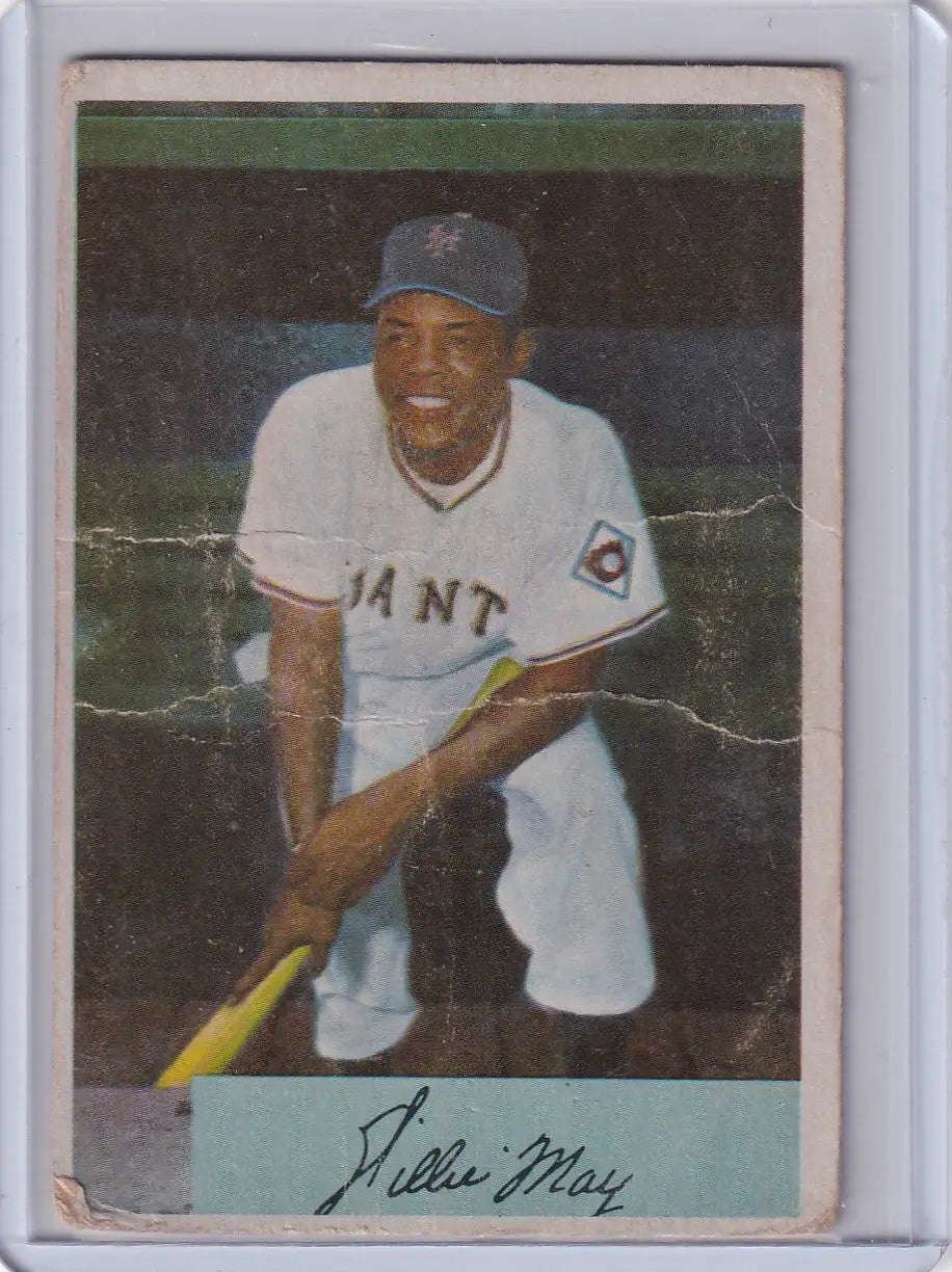 Worn Willie Mays baseball card from 1954 Bowman featuring New York Giants legend
