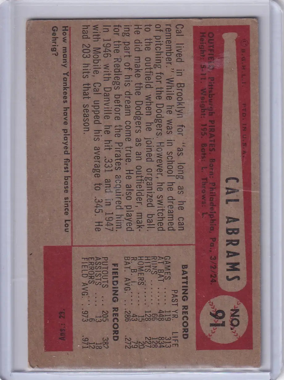 Vintage baseball card of Cal Abrams from the Pittsburgh Pirates 1954 Bowman series