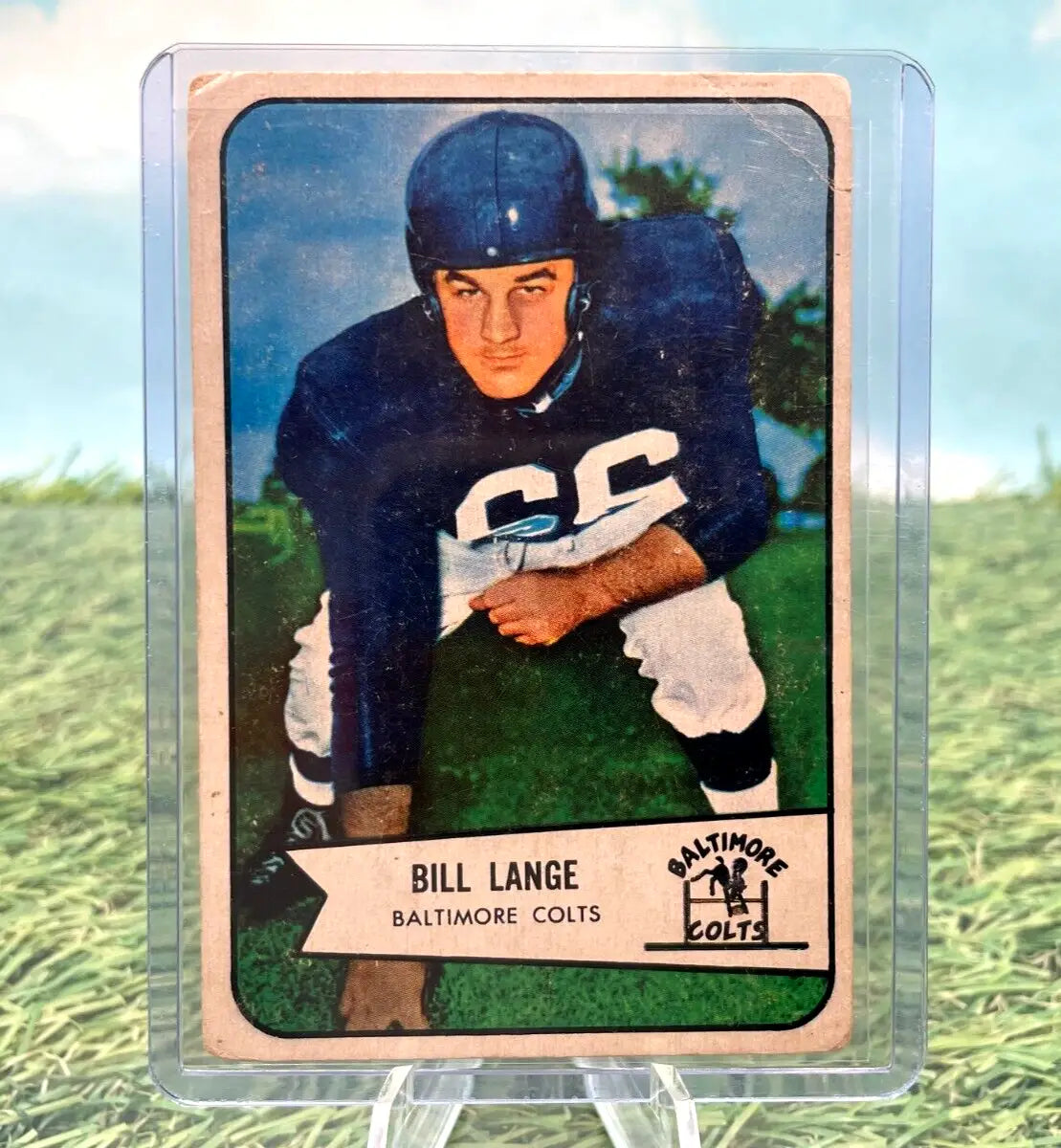 Vintage Bill Lange Baltimore Colts 1954 Bowman trading card displayed prominently