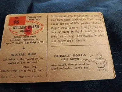1954 Bowman - Bill Walsh #96. Pittsburgh Steelers. Overall wear. VG - Football Card Single