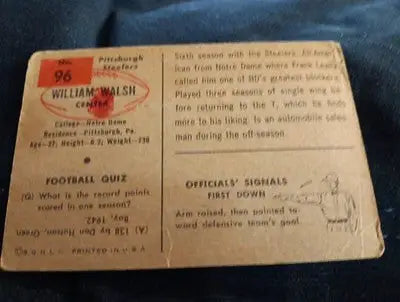 1954 Bowman - Bill Walsh #96. Pittsburgh Steelers. Overall wear. VG - Football Card Single