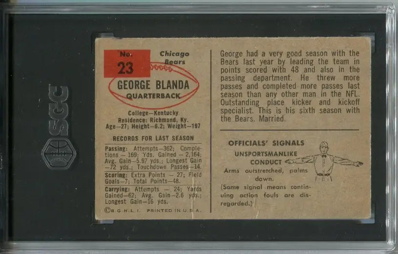 1954 Bowman George Blanda #23 RC SGC 3 VG Chicago Bears Rookie Card - Football Card Single