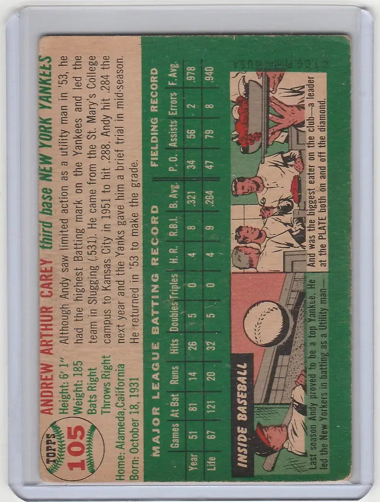 Vintage Baseball Card of Andy Carey, New York Yankees VGEX with player stats and illustration