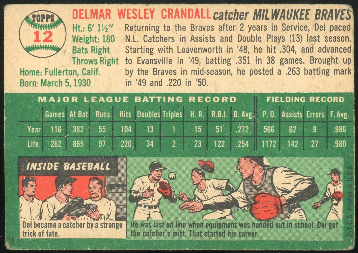 1954 Topps #12 Del Crandall Milwaukee Braves