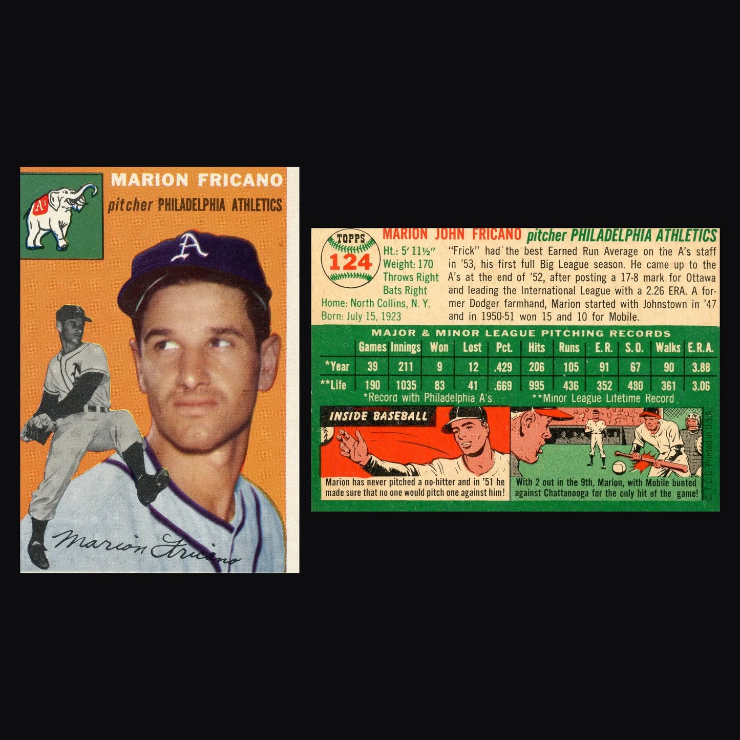 1954 Topps #124 Marion Fricano Philadelphia Athletics - Baseball Card Single