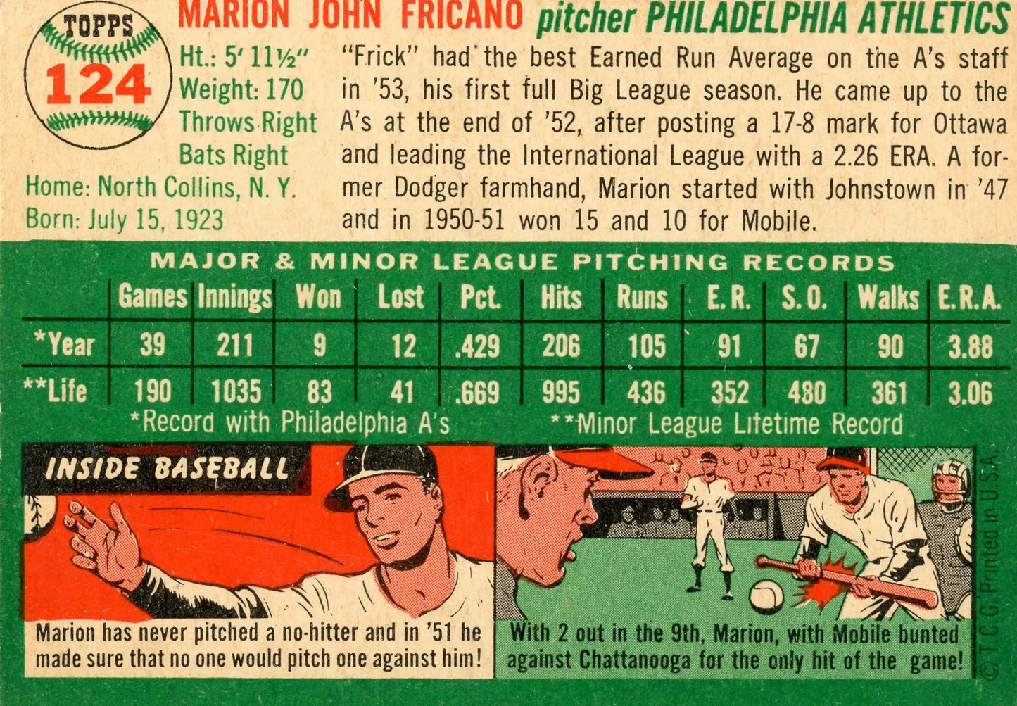 1954 Topps #124 Marion Fricano Philadelphia Athletics - Baseball Card Single