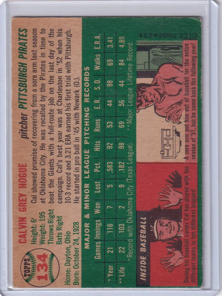 1954 Topps #134 Cal Hogue - Pittsburgh Pirates