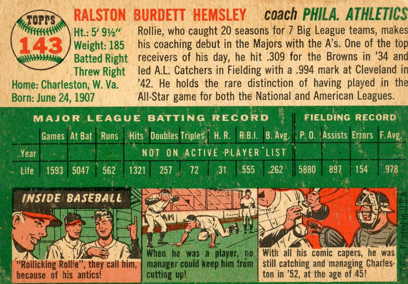 1954 Topps #143 Rollie Hemsley Philadelphia Athletics - Baseball Card Single