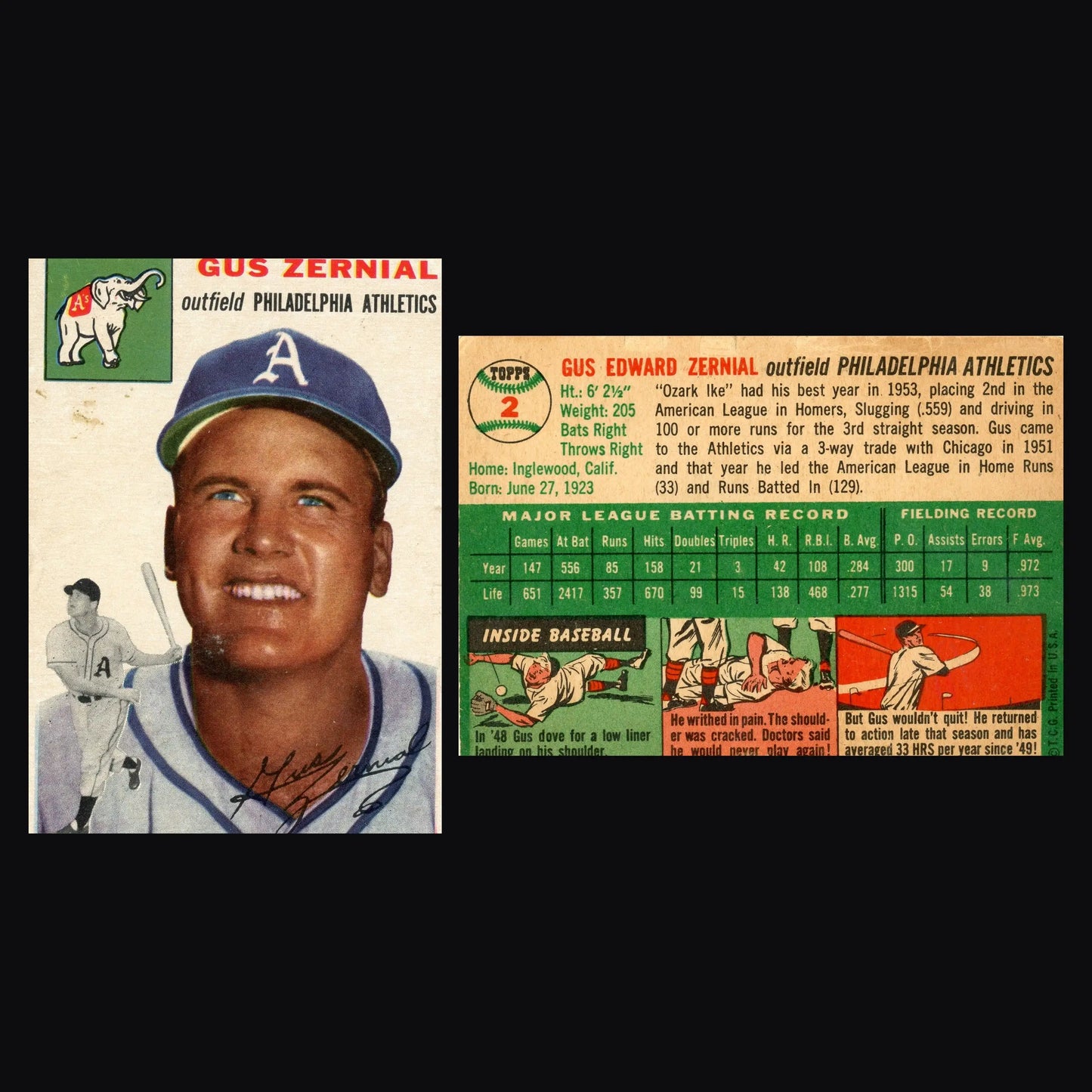 1954 Topps #2 Gus Zernial Philadelphia Athletics - Baseball Card Single