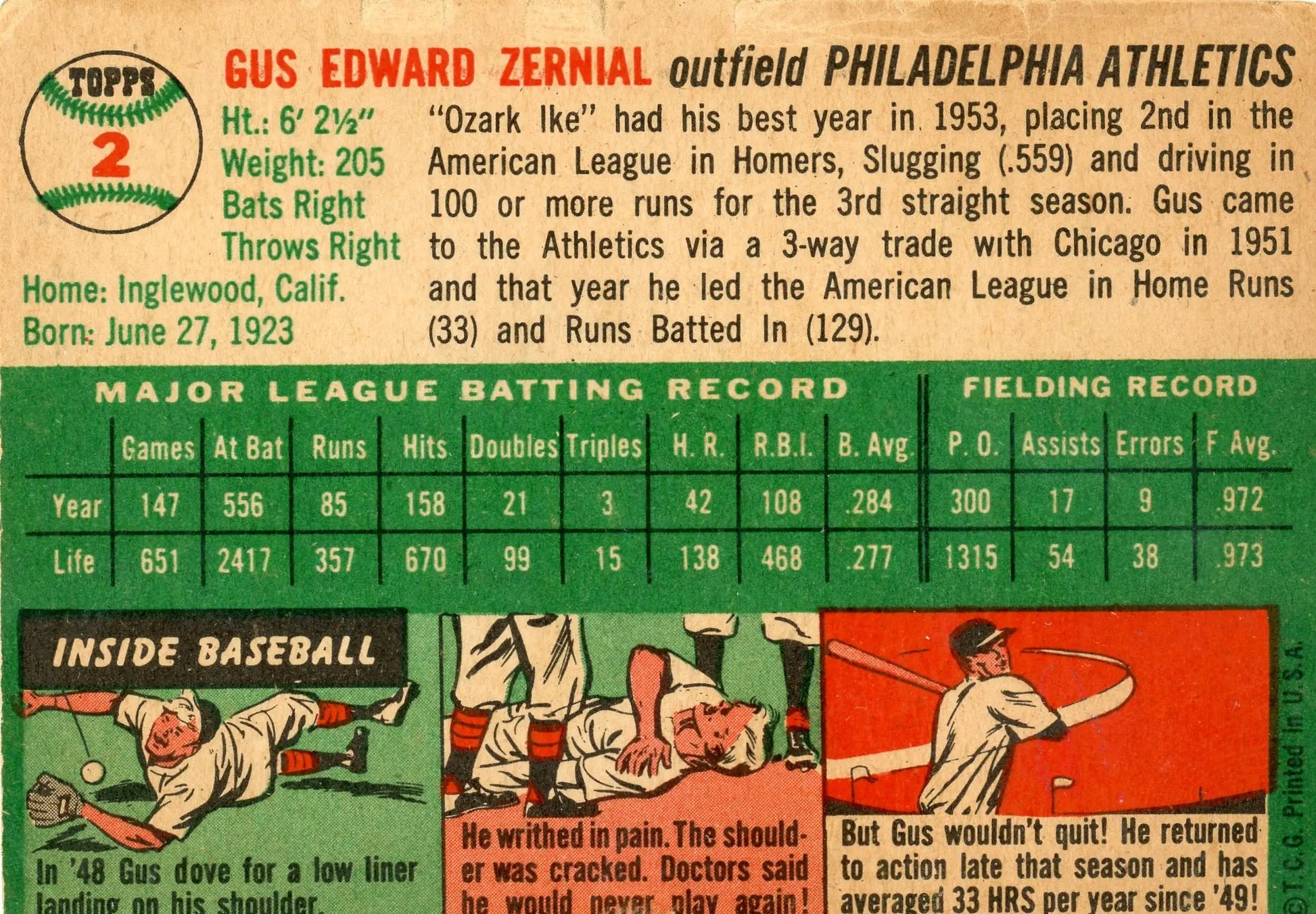 1954 Topps #2 Gus Zernial Philadelphia Athletics - Baseball Card Single
