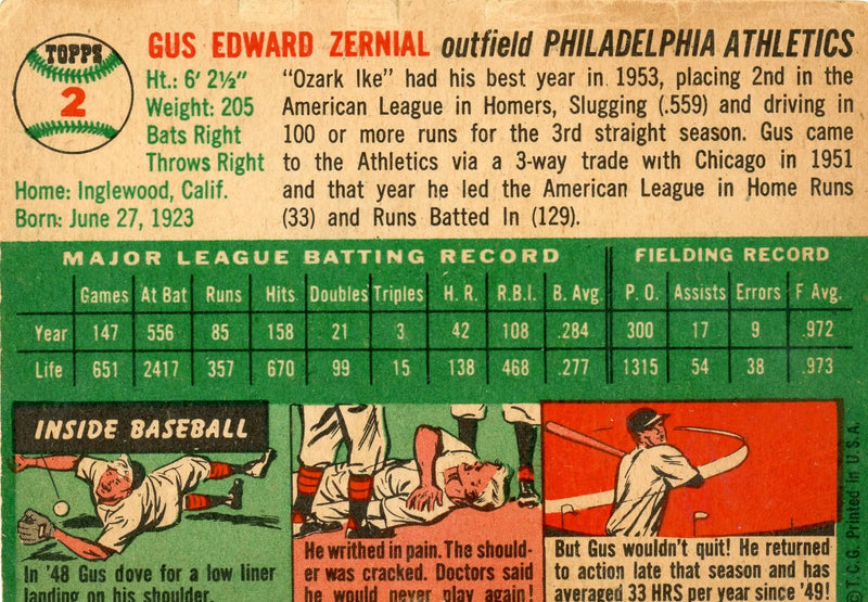1954 Topps #2 Gus Zernial Philadelphia Athletics - Baseball Card Single