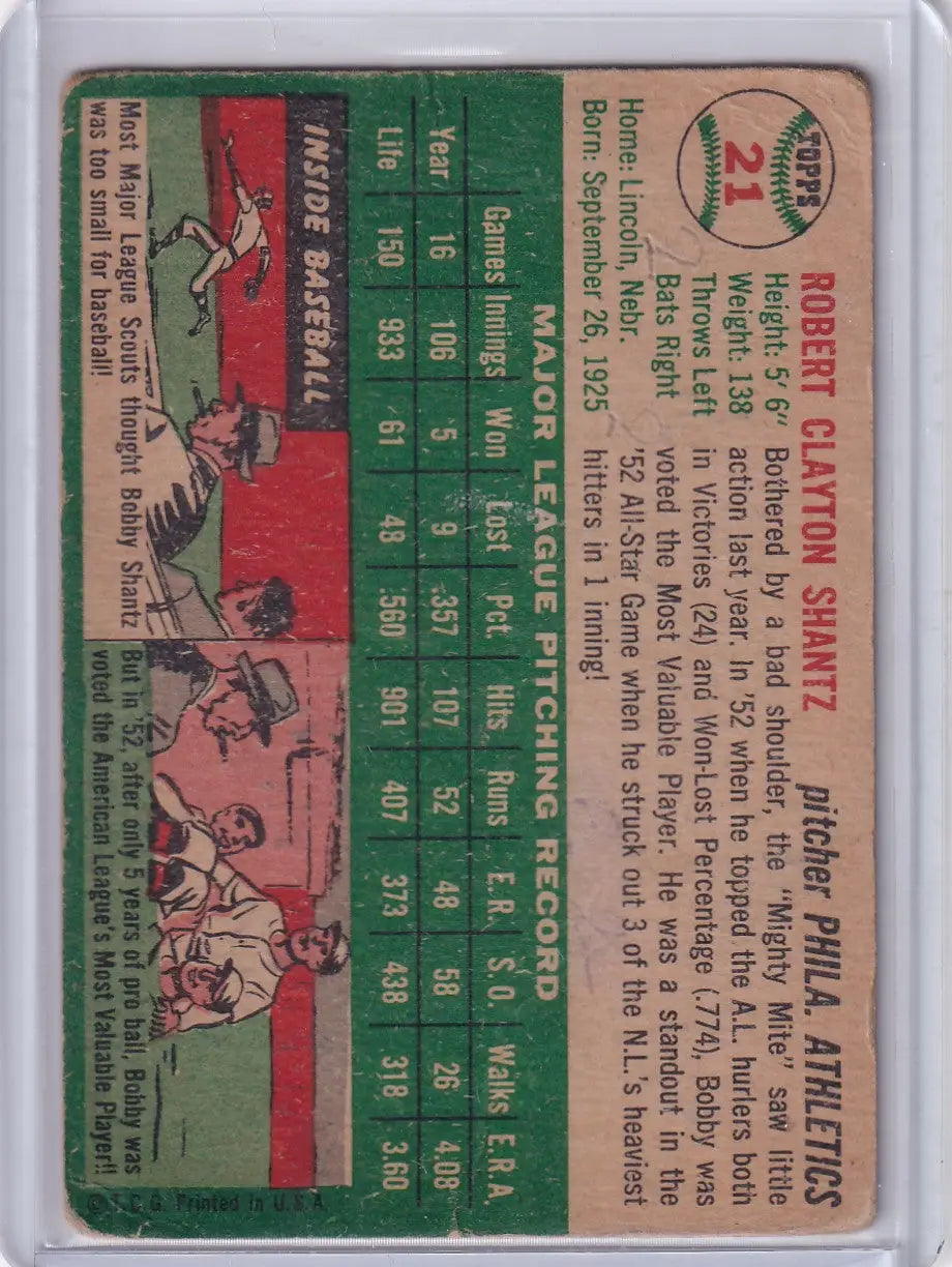 1954 Topps #21 Bobby Shantz - Philadelphia Athletics