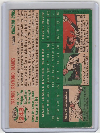 Vintage 1954 Topps #243 Ray Blades Chicago Cubs EXMT baseball card with player stats