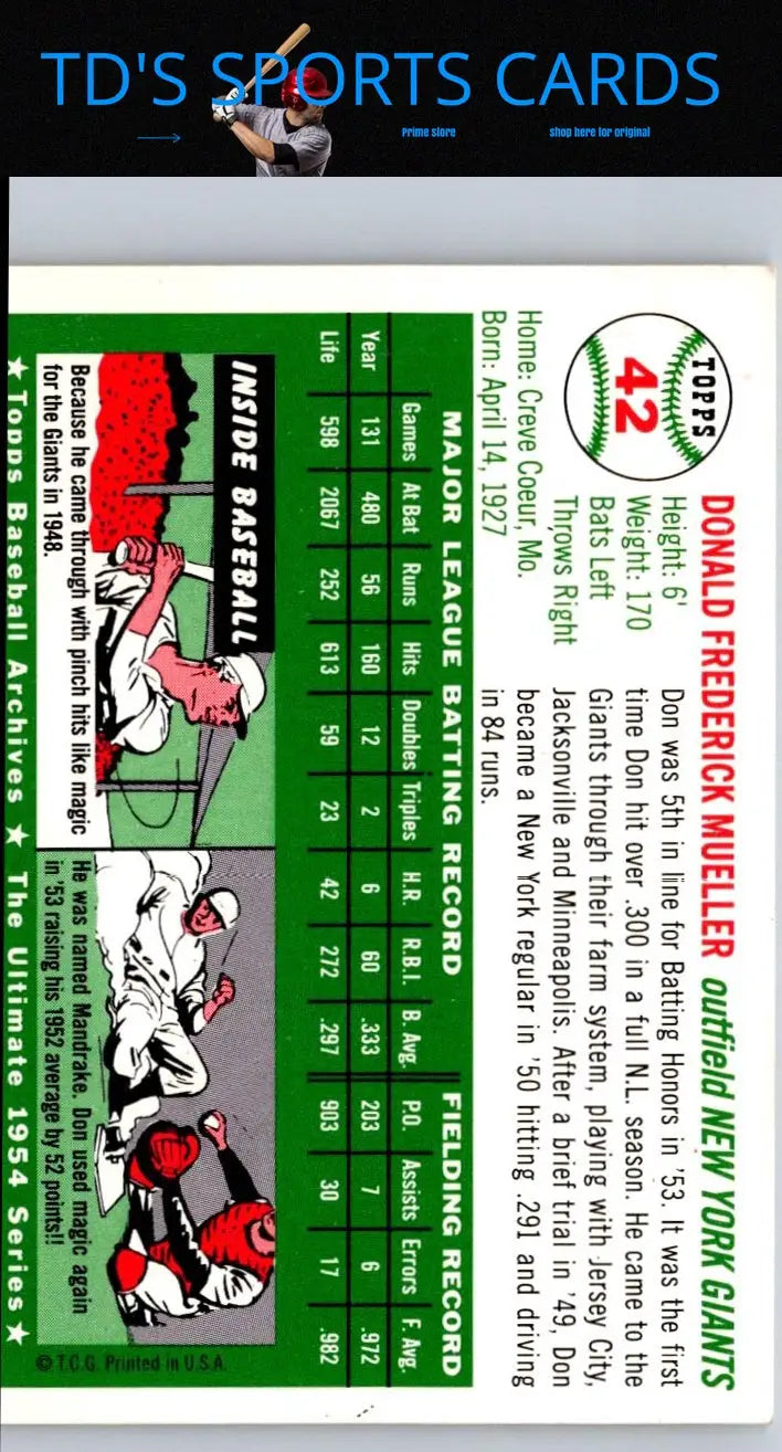 Vintage baseball card featuring Don Mueller from 1954 Topps #42 collectible