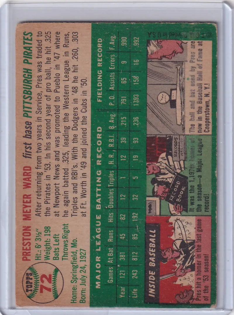 1954 Topps #72 Preston Ward - Pittsburgh Pirates