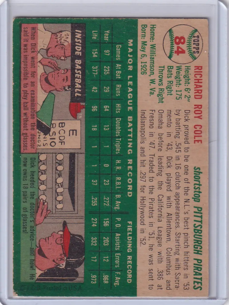 1954 Topps #84 Dick Cole - Pittsburgh Pirates RC
