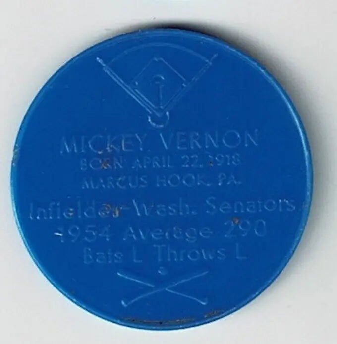 Blue Mickey Vernon baseball token from 1955 Armour Hot Dogs Vernon Blue Coin series