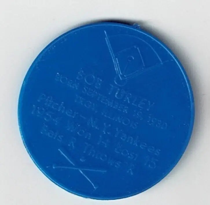 Blue baseball token from 1955 Armour Hot Dogs featuring Bob Turley Blue Coin