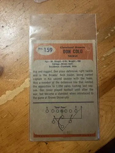 Vintage 1955 Bowman Don Colo Cleveland Browns football trading card in protective sleeve