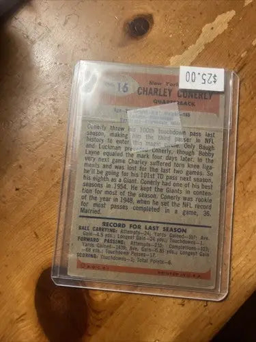Charley Conerly football trading card in protective case from 1955 Bowman series