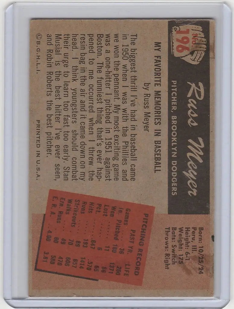 Baseball trading card of Russ Meyer Brooklyn Dodgers with player stats and bio VGEX condition