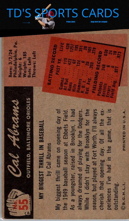 Vintage baseball card of 1955 Bowman #55 Cal Abrams trading card for collectors