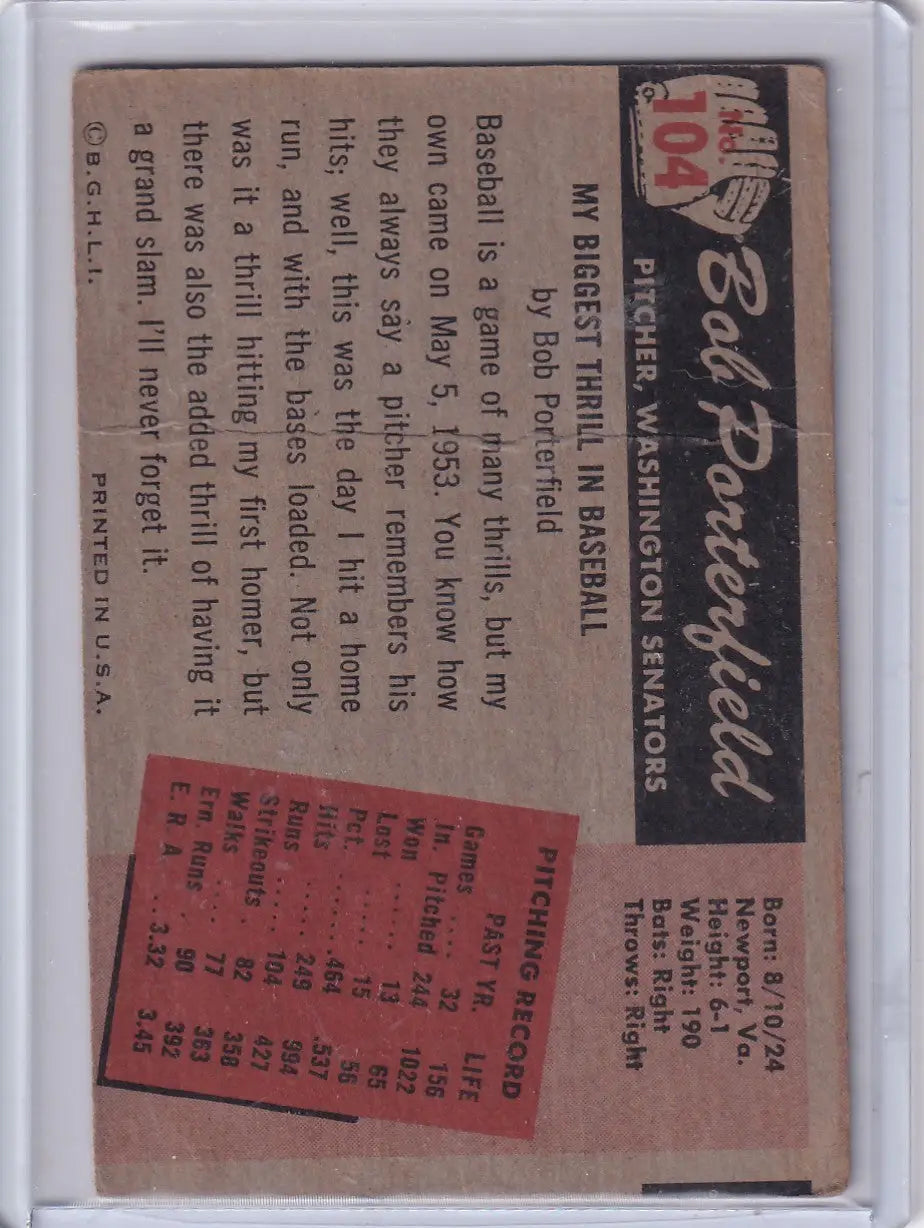 1955 Bowman Baseball #104 Bob Porterfield - Washington Senators - Baseball Card Single