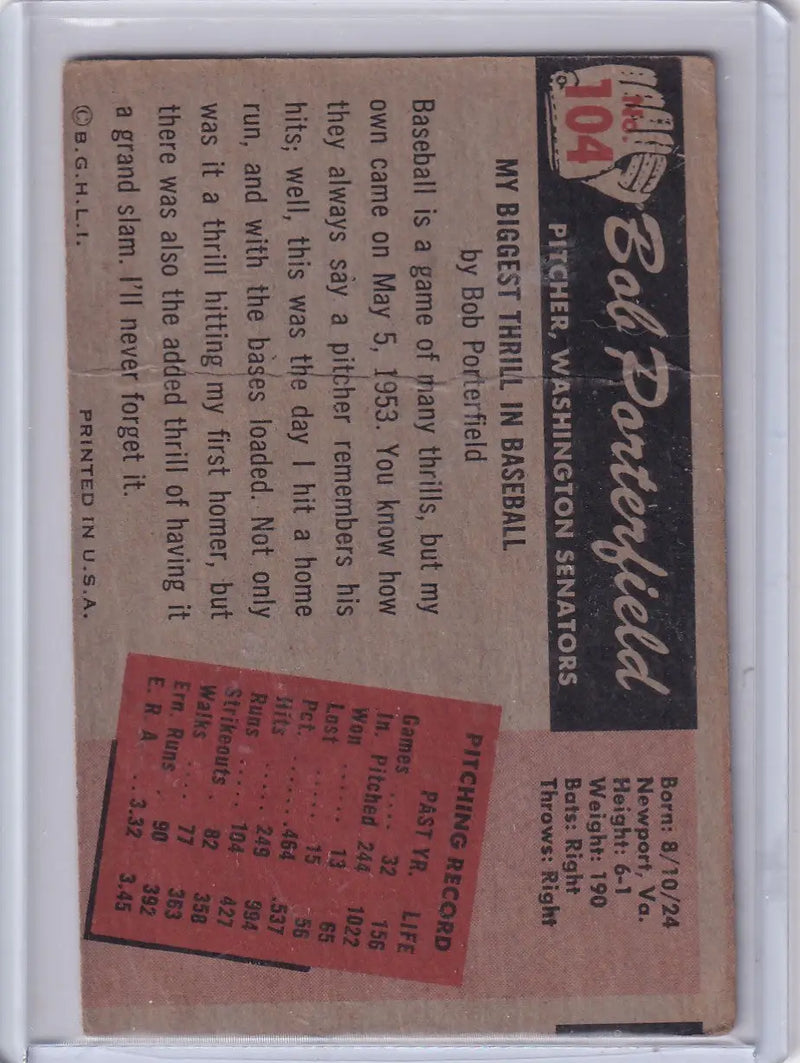 1955 Bowman Baseball #104 Bob Porterfield - Washington Senators - Baseball Card Single