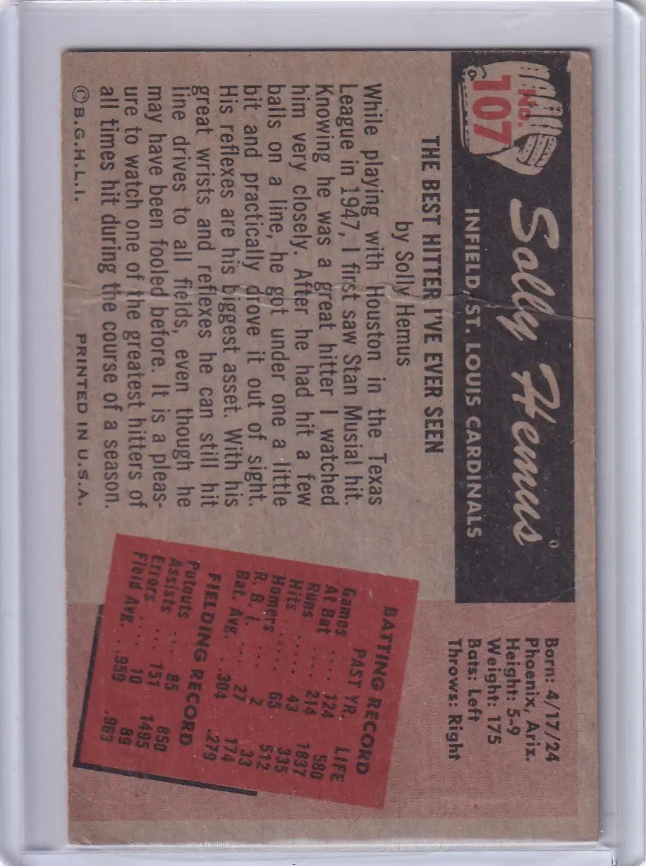 1955 Bowman Baseball #107 Solly Hemus - St. Louis Cardinals - Baseball Card Single