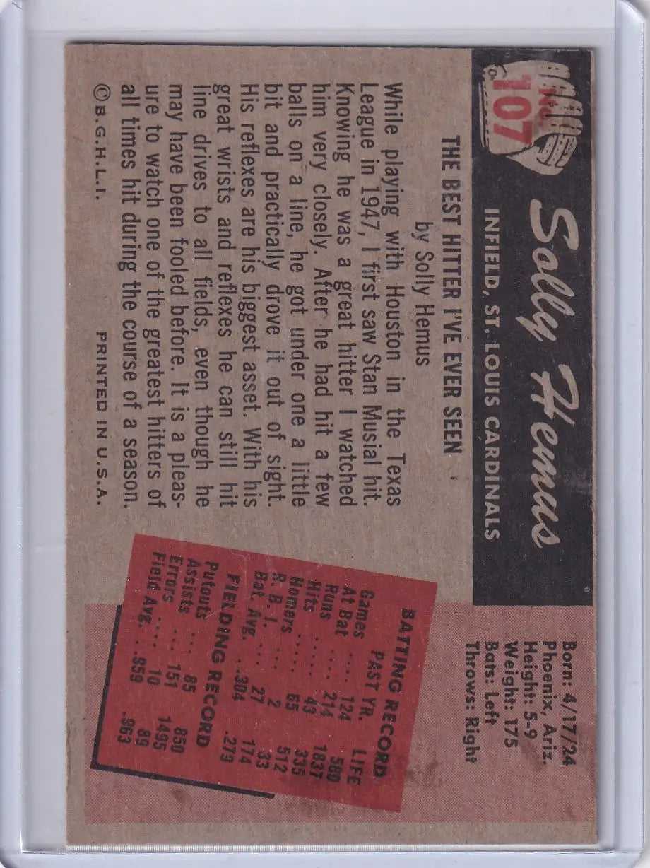 Vintage Solly Hemus baseball card from 1955 Bowman Baseball featuring St Louis Cardinals