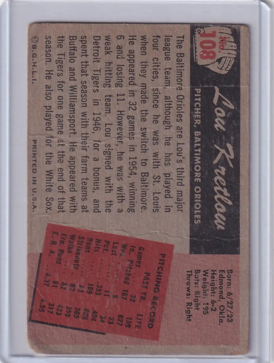 1955 Bowman Baseball #108 Lou Kretlow - Baltimore Orioles - Baseball Card Single