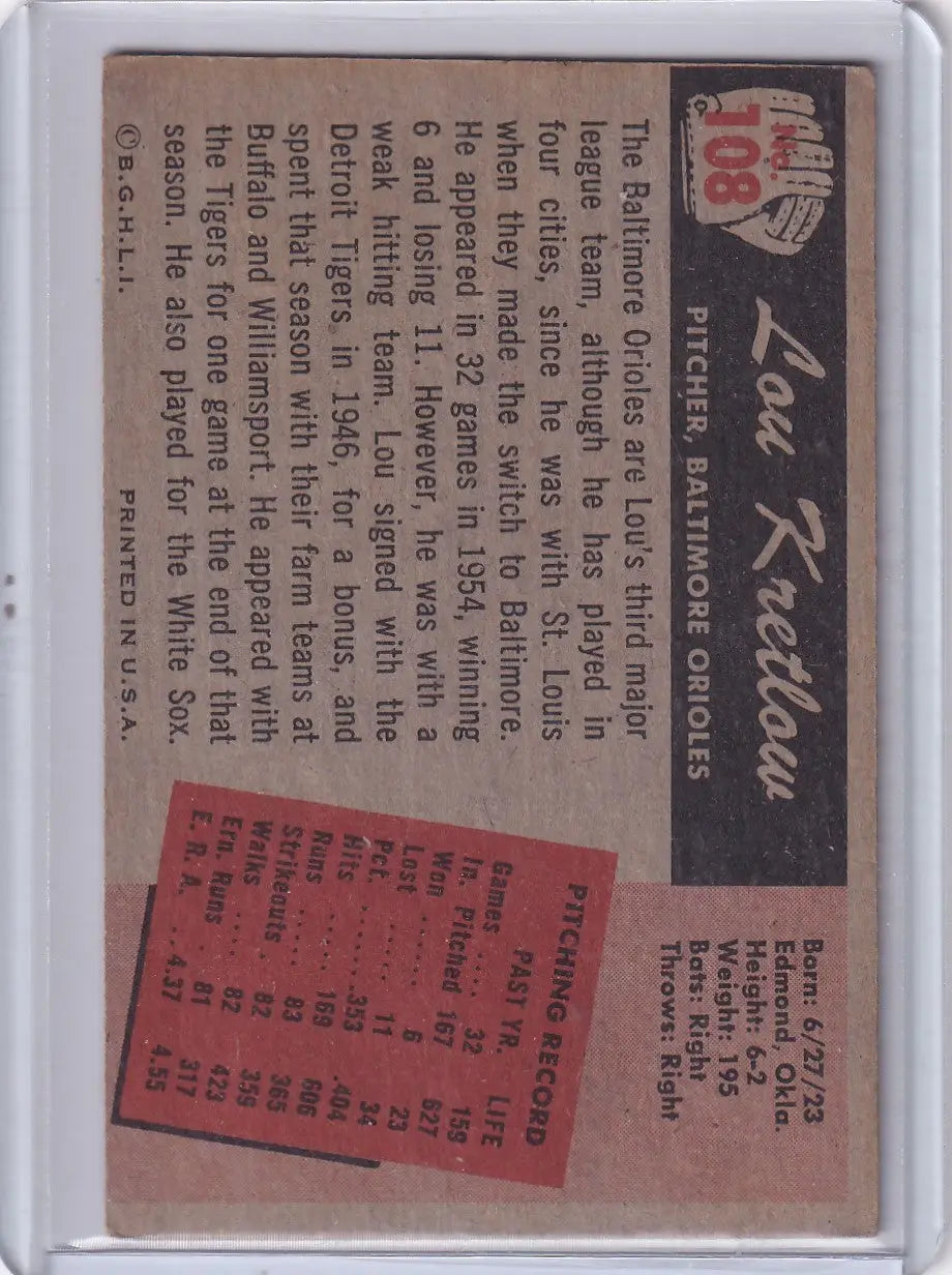 Back of 1955 Bowman Baseball Lou Kretlow Baltimore Orioles trading card image