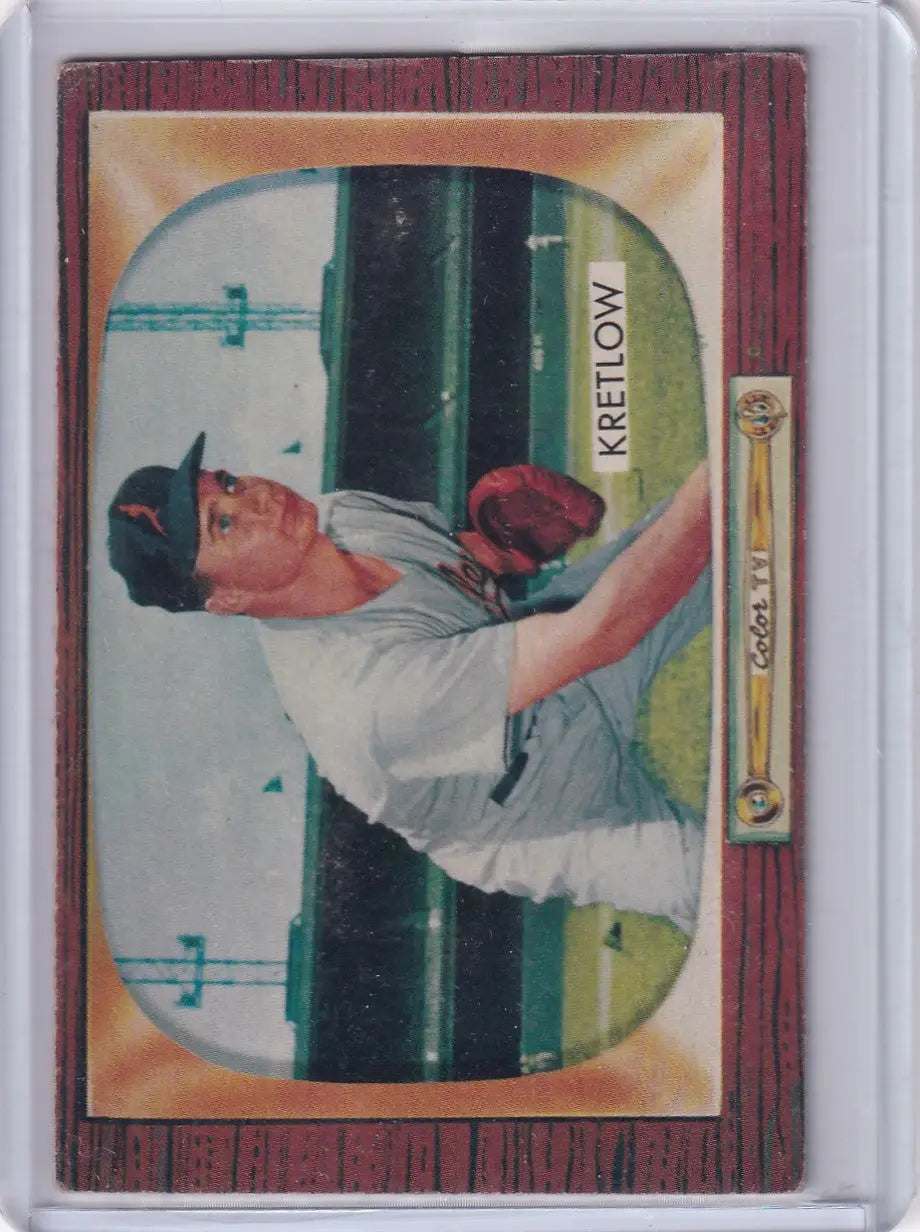 Vintage Bowman Baseball card of Lou Kretlow Baltimore Orioles pitcher in protective case