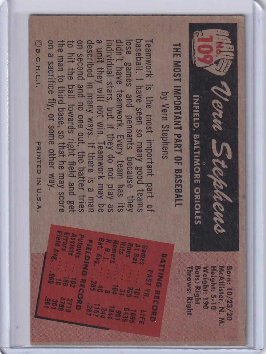 Vintage Vern Stephens baseball card from 1955 Bowman Baseball featuring Baltimore Orioles player