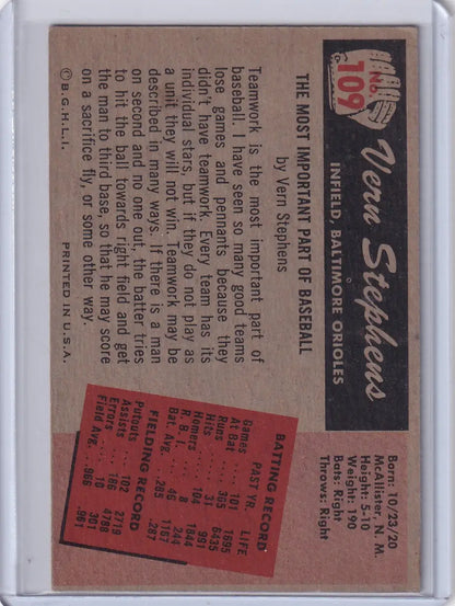 Vintage Vern Stephens baseball card from 1955 Bowman Baseball featuring Baltimore Orioles player