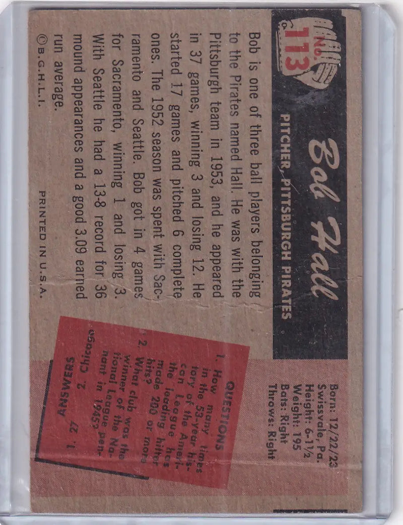 1955 Bowman Baseball #113 Bob Hall - Pittsburgh Pirates RC - Baseball Card Single