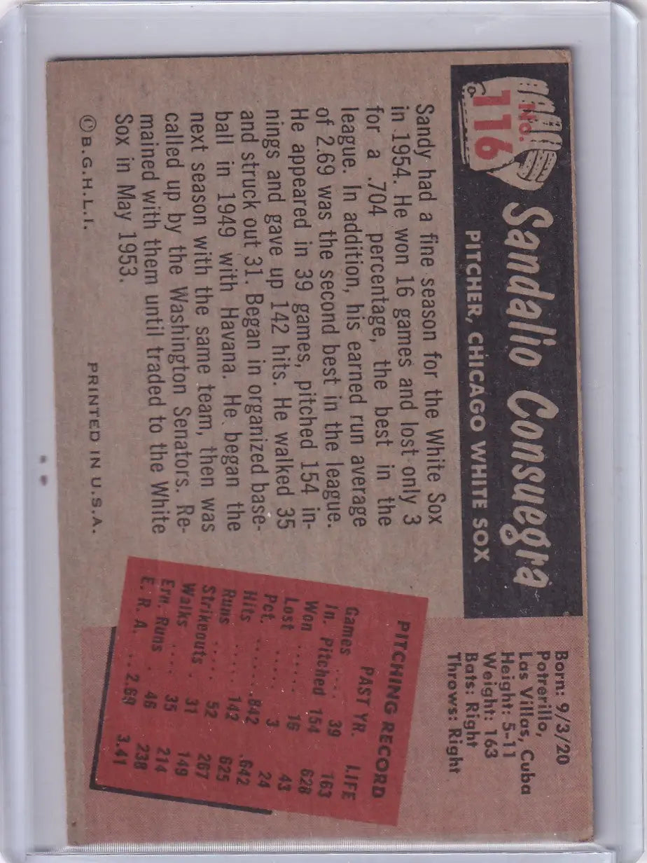 1955 Bowman Baseball #116 Sandy Consuegra - Chicago White Sox - Baseball Card Single