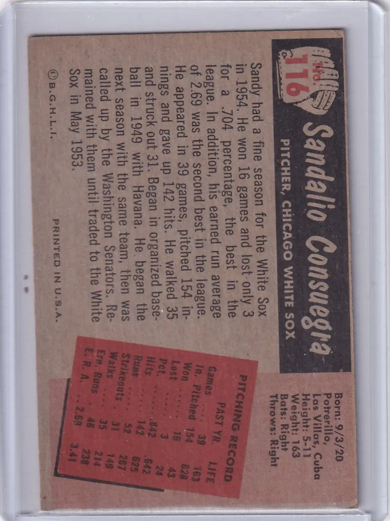 1955 Bowman Baseball #116 Sandy Consuegra - Chicago White Sox - Baseball Card Single