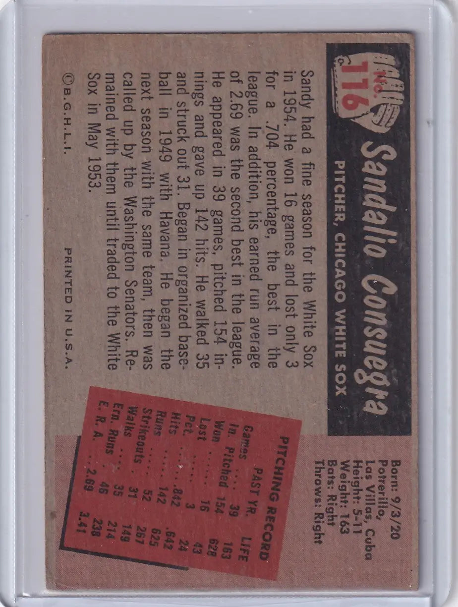 1955 Bowman Baseball #116 Sandy Consuegra - Chicago White Sox - Baseball Card Single