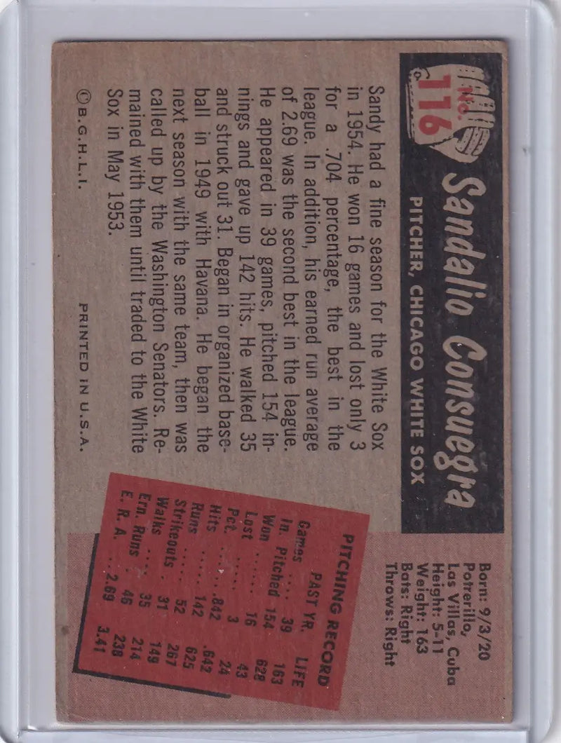 1955 Bowman Baseball #116 Sandy Consuegra - Chicago White Sox - Baseball Card Single