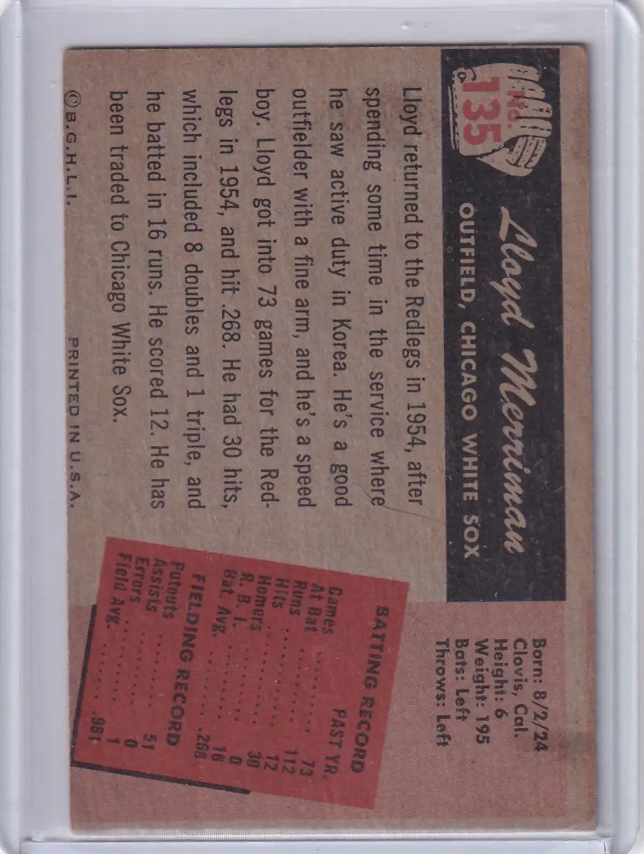 Vintage 1955 Bowman Baseball card back with Lloyd Merriman stats Chicago White Sox