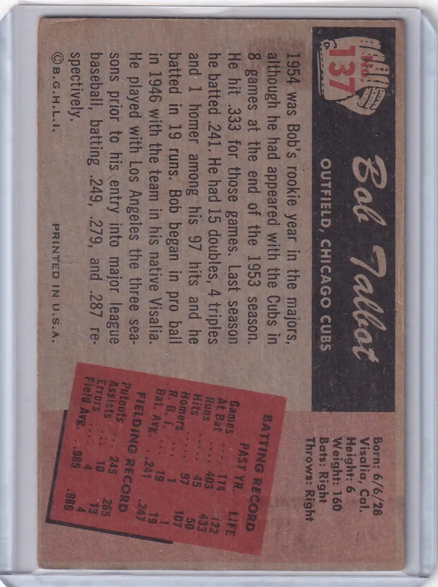 1955 Bowman Baseball #137 Bob Talbot - Chicago Cubs - Baseball Card Single