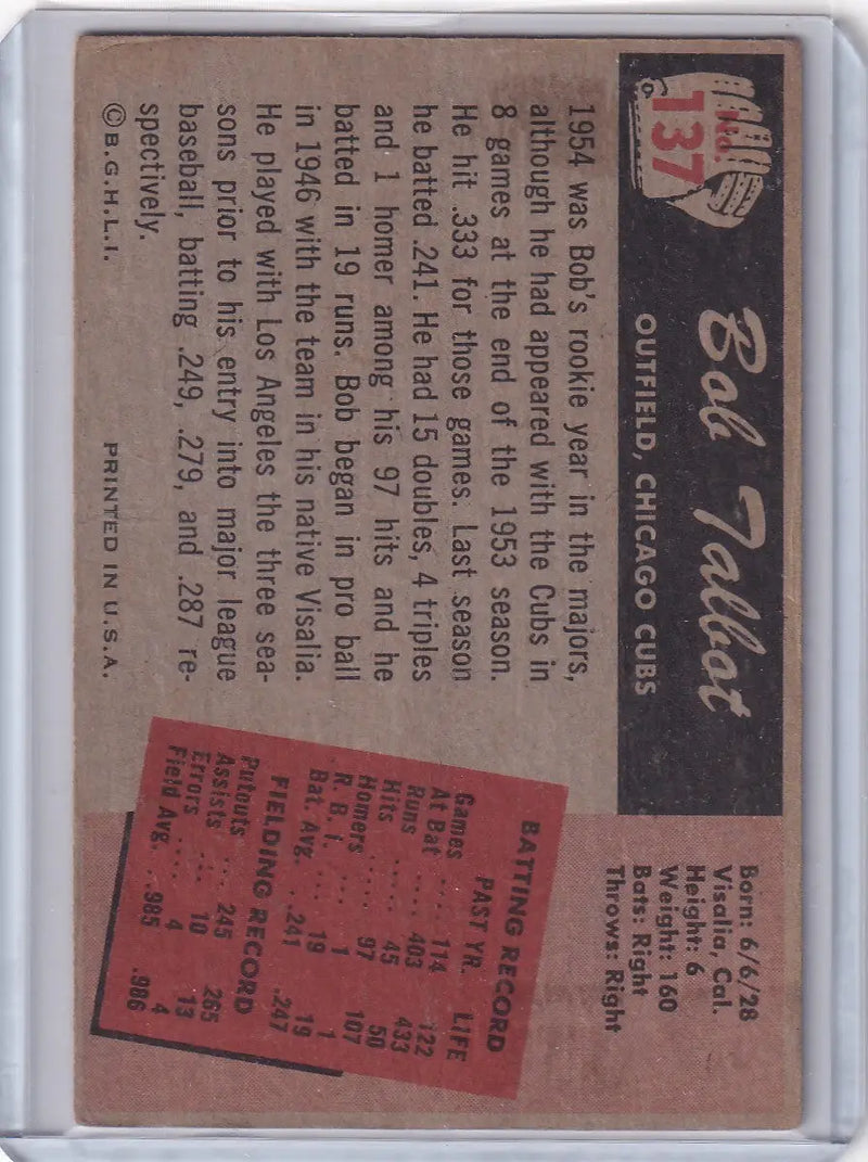 1955 Bowman Baseball #137 Bob Talbot - Chicago Cubs - Baseball Card Single