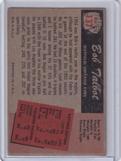 Vintage Bowman Baseball card featuring Bob Talbot of the Chicago Cubs with career stats