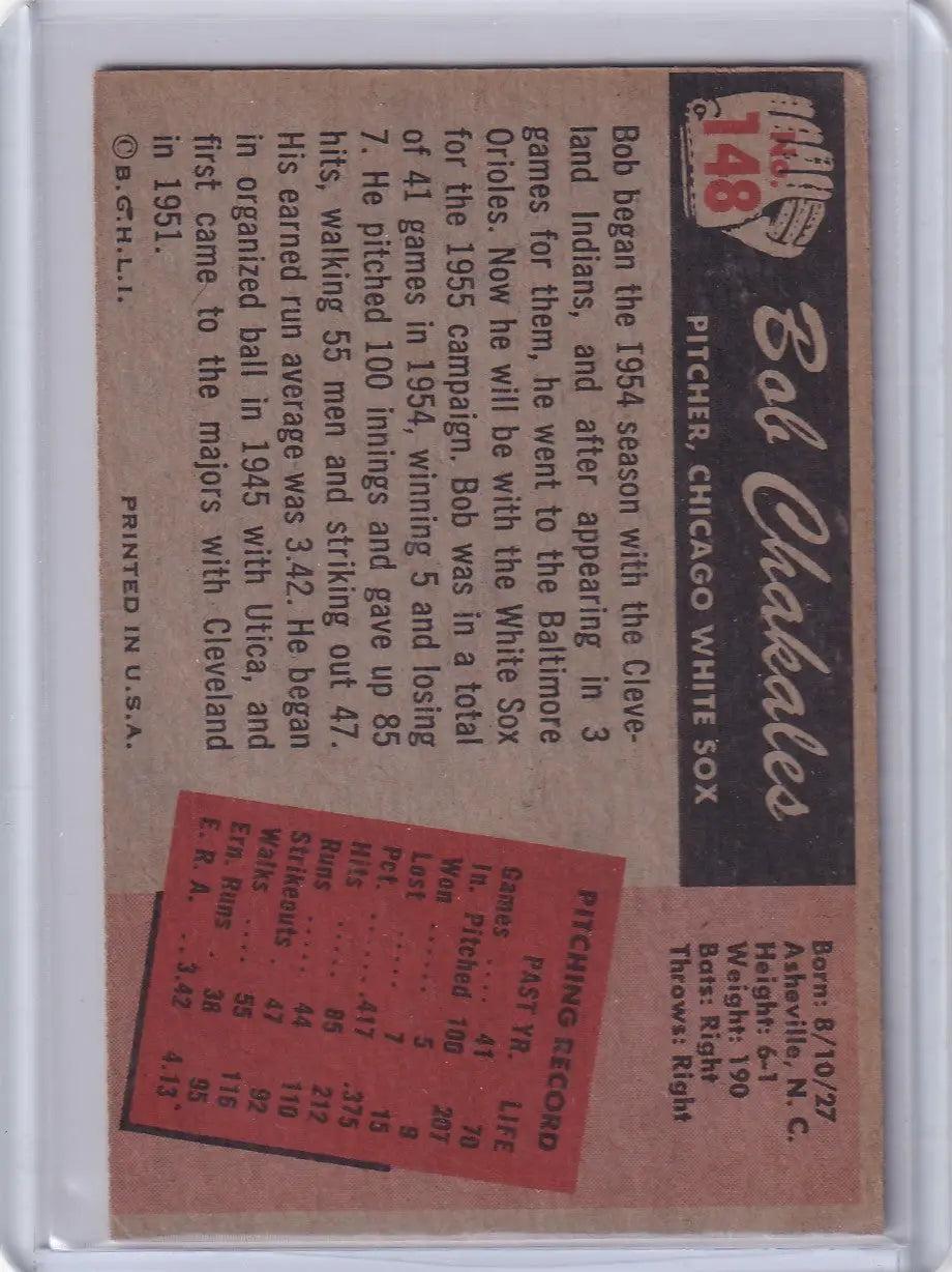 1955 Bowman Baseball #148 Bob Chakales - Chicago White Sox