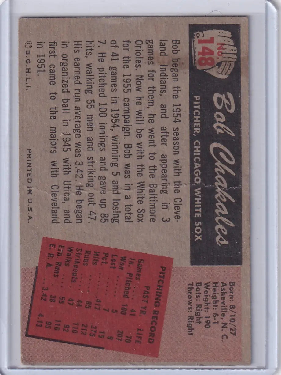 Vintage Chicago White Sox Bowman Baseball card featuring Bob Chakales from 1955