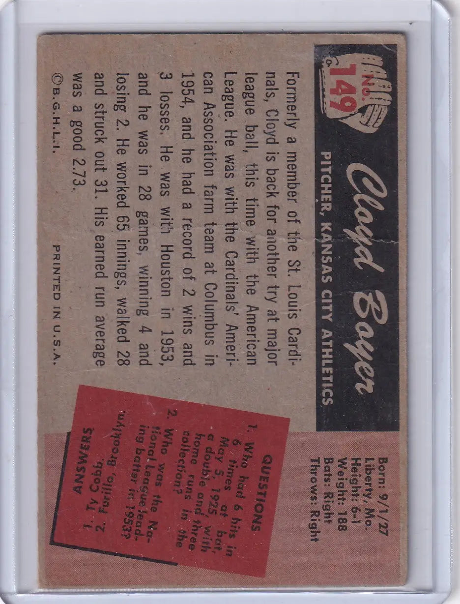 Vintage Cloyd Boyer baseball card from 1955 Bowman Baseball featuring Kansas City Athletics